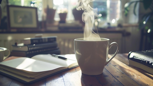 Vista di una scrivania ordinata una tazza di caffè fumosa si trova sulla scrivania un diario aperto e una penna accanto ad essa