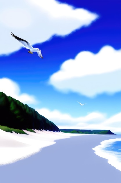 vista di una spiaggia con cielo blu e soffici nuvole