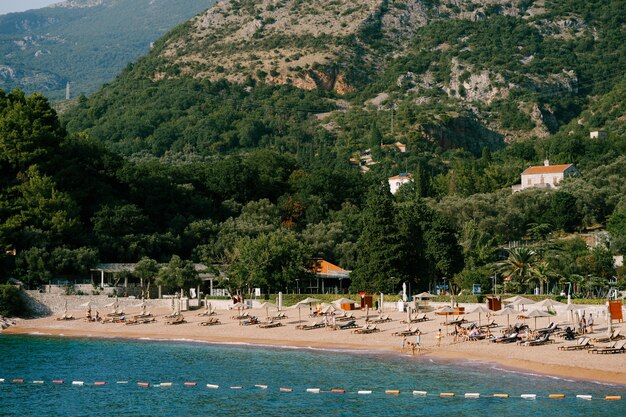 Vista di una spiaggia con lettini e ombrelloni