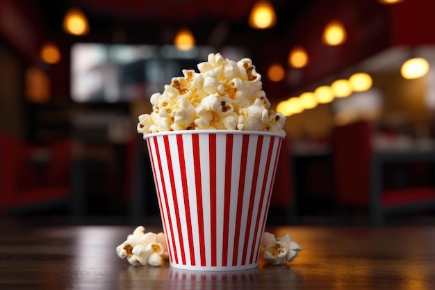 Vista di una tazza 3D di Cinema Popcorn un secchio di popcorn sullo sfondo bokeh generato da Ai