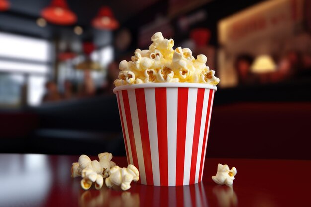 Vista di una tazza 3D di Cinema Popcorn un secchio di popcorn sullo sfondo bokeh generato da Ai