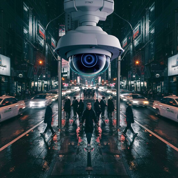 Vista di una telecamera di sicurezza stradale che filma una città notturna