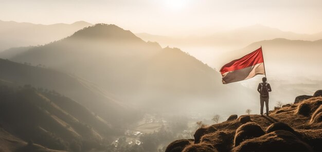 Vista di uno scalatore che alza la bandiera rossa e bianca indonesiana su una montagna con sfondo spazio copia