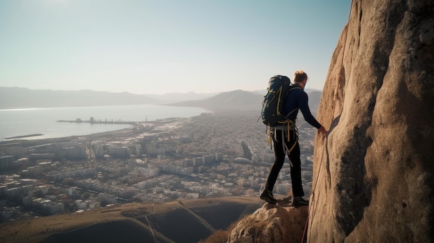 Vista di uno scalatore che scala un'enorme montagna con la città e il mare sullo sfondo Sport estremi di rischio e avventura IA generativa