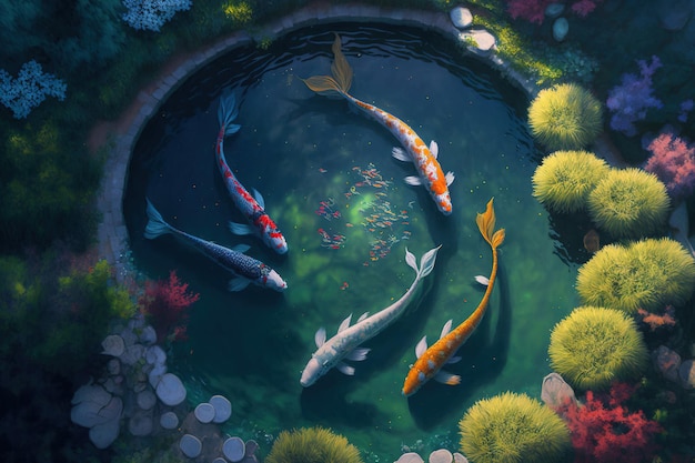 Vista di uno stagno artificiale dall'alto I pesci Koi nuotano in stagni artificiali incontaminati su sfondi mozzafiato mentre pesci ornamentali colorati galleggiano lì