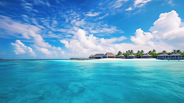 Vista diurna maldiviana dell'isola e delle ville sull'acqua con un cielo stupendo e nuvole adorabili Generative Ai