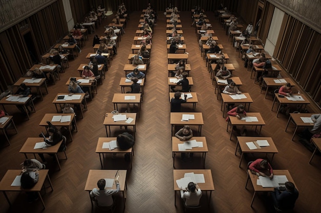 Vista elevata degli studenti che scrivono il loro esame