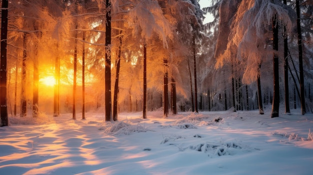 Vista esotica della foresta coperta di neve in una giornata gelida creata con la tecnologia Generative Al