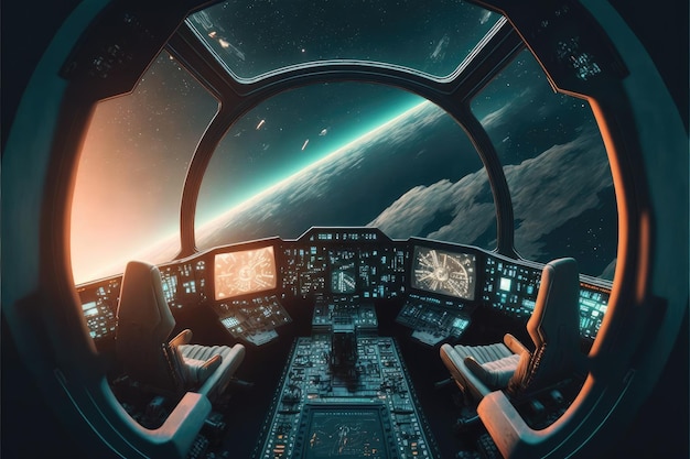 Vista esterna della finestra dell'astronave della cabina di pilotaggio con la sala del sistema di controllo