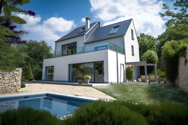 Vista esterna di una casa con piscina e giardino in estate ai generativa