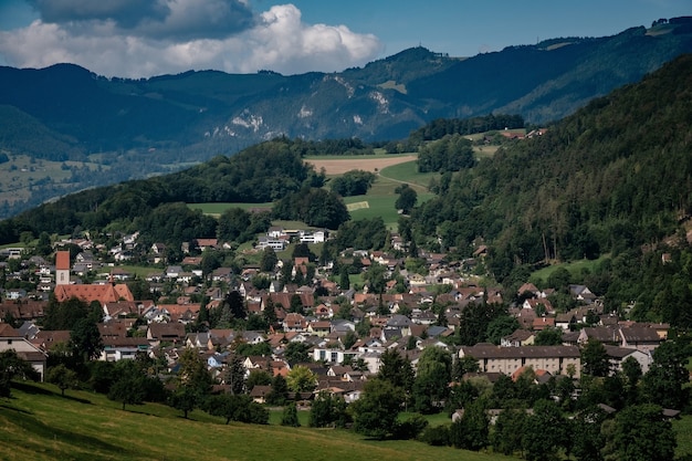 Vista estiva di un bellissimo villaggio apline in Svizzera. campo verde, sentiero con staccionata in legno nel villaggio della Svizzera.