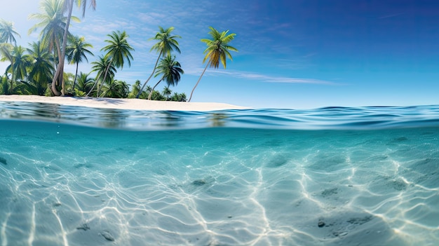 vista fotografica sottomarina di un occhio di pesce diviso di una spiaggia a metà calma con palme terrestri e acqua limpida