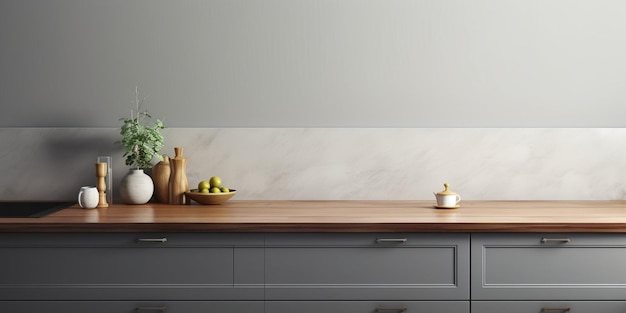 Vista frontale degli interni eleganti con cassetti grigi sotto il mobile da cucina AI generativa in legno vuota