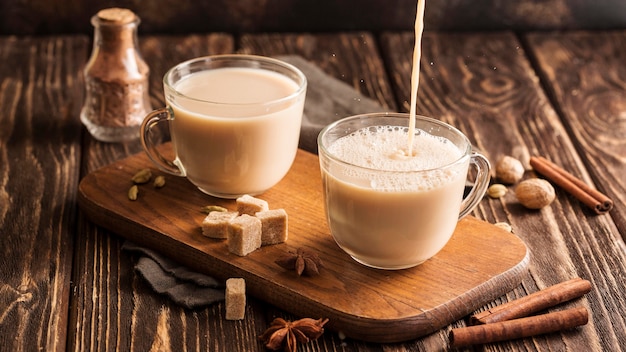 Vista frontale del concetto del tè al latte con cannella