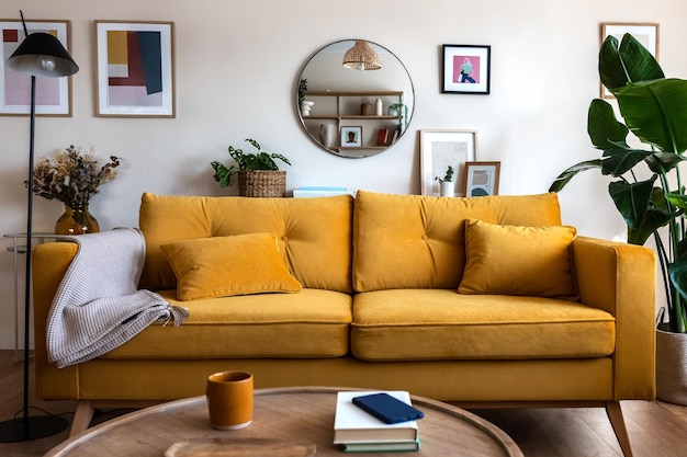 Vista frontale del divano giallo nell'interno dell'appartamento soggiorno Casa di famiglia contemporanea