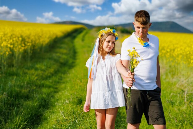 Vista frontale del fratello e della sorella dei bambini che camminano lontano lungo il sentiero con erba circondata da campi gialli