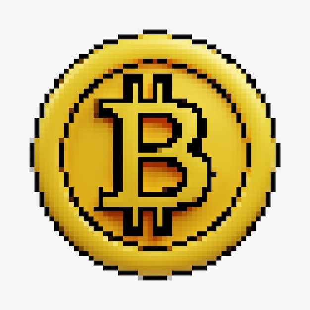 vista frontale del fumetto in stile pixel criptovaluta BTC o moneta d'oro Bitcoin con sfondo bianco