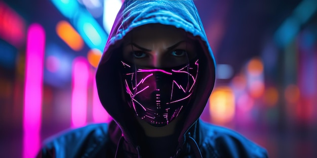 vista frontale dell'hacker che indossa maschera e felpa con cappuccio con sfondo colorato al neon
