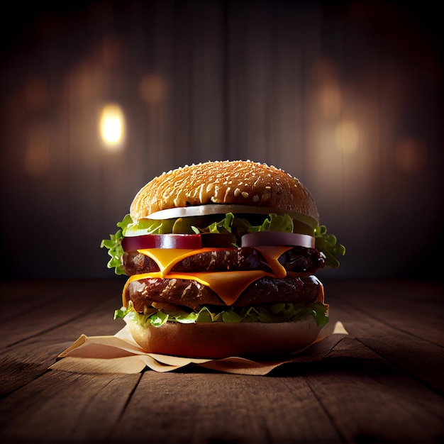 Vista frontale dell'hamburger gourmet sulla tavola di legno