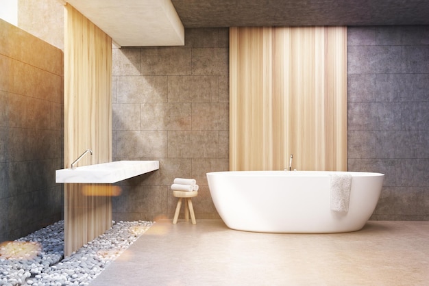 Vista frontale dell'interno di un bagno con pareti grigie e in legno, vasca da bagno bianca e doppio lavabo. Rendering 3d, immagine tonica