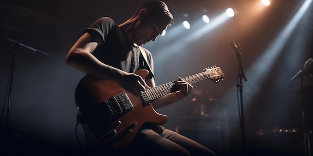 vista frontale dell'uomo che suona la chitarra sul palco con luci cinematografiche al concerto