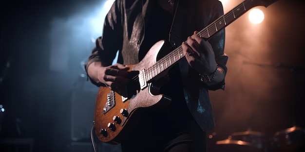 vista frontale dell'uomo che suona la chitarra sul palco con luci cinematografiche al concerto