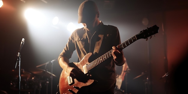 vista frontale dell'uomo che suona la chitarra sul palco con luci cinematografiche al concerto