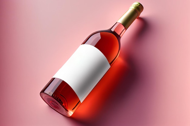 Vista frontale della bottiglia di vino rosato isolata su rosa AI Generato