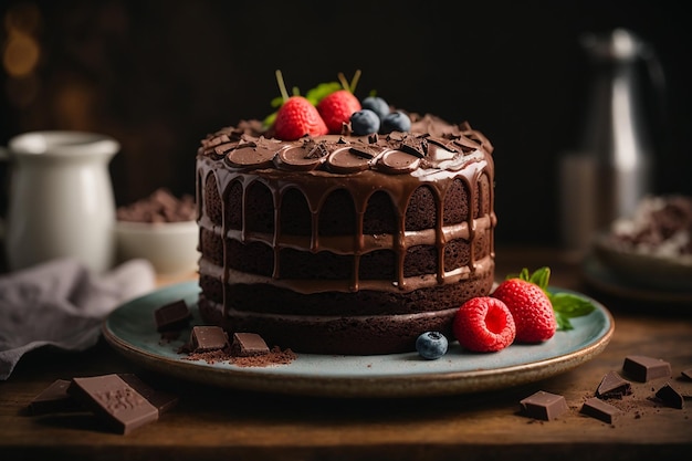 Vista frontale della deliziosa torta al cioccolato