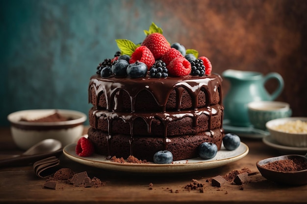 Vista frontale della deliziosa torta al cioccolato