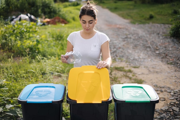 Vista frontale della donna che butta fuori nel bidone del riciclaggio pulito contenitore di plastica vuoto di colore diverso