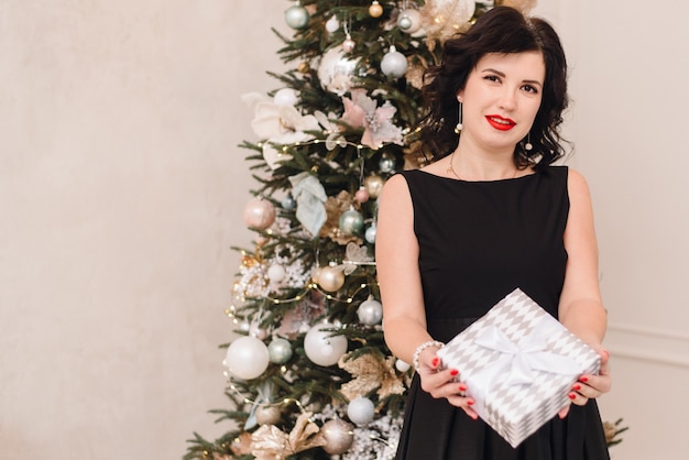 Vista frontale della donna che tiene albero ordinato regalo di Natale