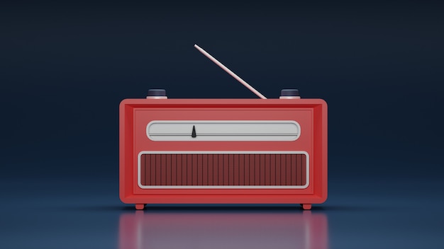 Vista frontale della radio classica rossa con sfondo lucido in design 3d