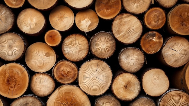 Vista frontale di alberi tagliati in pile di tronchi in deposito IA generativa