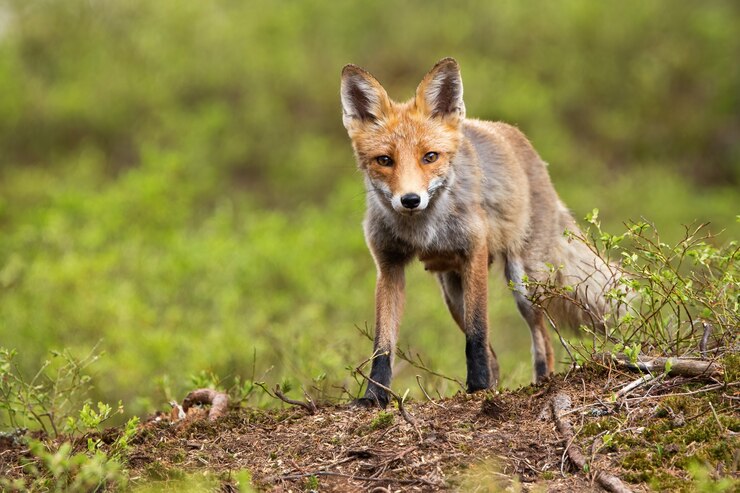 Foto vista frontale di angolo basso di una volpe rossa selvaggia in piedi su un orizzonte in montagna