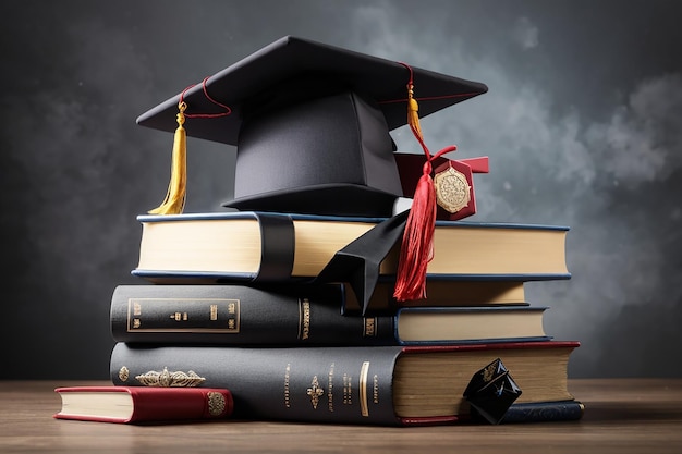 vista frontale di libri impilati un berretto di laurea e un diploma