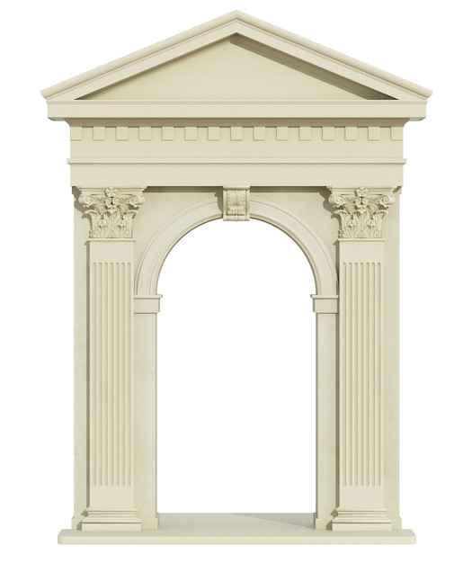 Vista frontale di un arco classico con colonna corinzia e timpano triangolare isolato su bianco. Rendering 3D