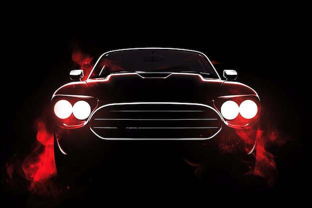 Vista frontale di un'auto rossa di lusso moderna isolata su sfondo scuro con luce al neon rossa e fumo
