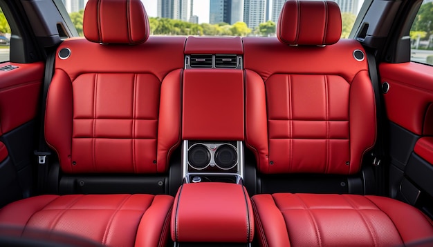 Vista frontale di un'elegante auto di lusso moderna che mostra squisiti sedili posteriori in pelle rossa