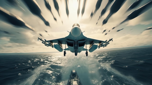 Vista frontale di un jet da combattimento militare che atterra sul ponte di un cielo nuvoloso della portaerei sopra