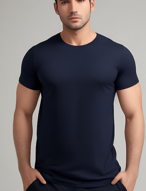 Vista frontale di un modello di maglietta blu navy in bianco