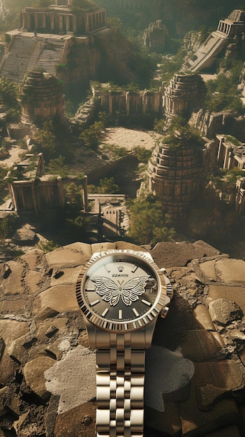 Vista frontale di un orologio da braccio un concetto di poster di orologi di lusso