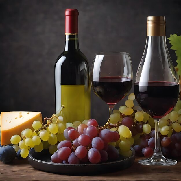 Vista frontale di un piatto di frutta gustosa di uva con la bottiglia di vino, i frutti di formaggio e il vetro su ba scuro