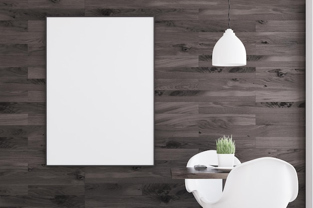 Vista frontale di un tavolo da caffè quadrato con due sedie bianche vicino e un poster verticale appeso a una parete di legno scuro. rendering 3d, simulazione