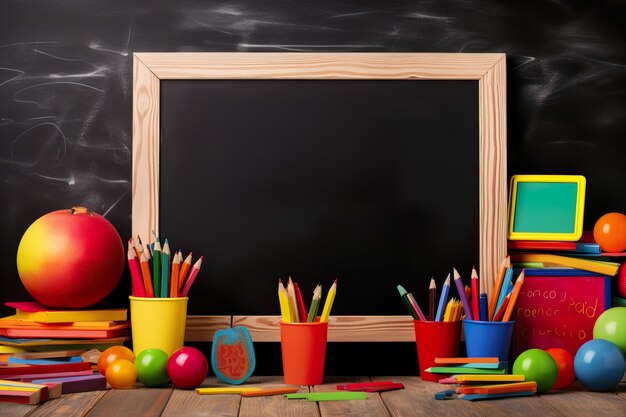 Vista frontale di una lavagna scolastica con sfondo colorato