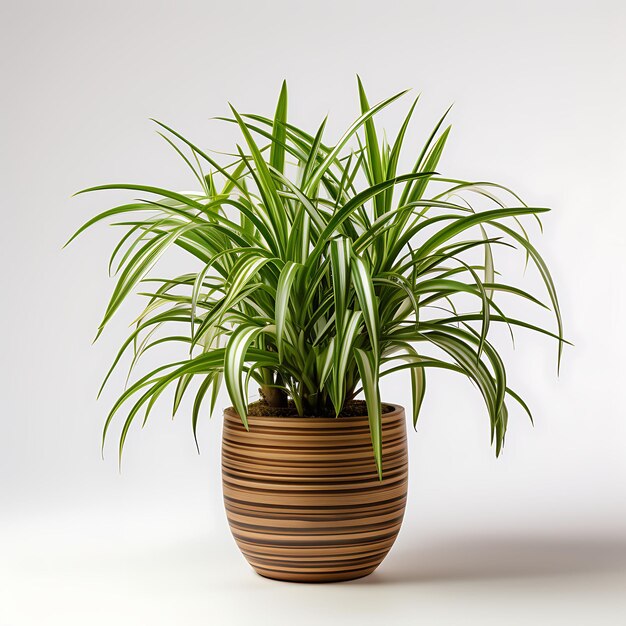 Vista frontale di una pianta in vaso decorativa per l'arredamento di interni su uno sfondo bianco minimalista