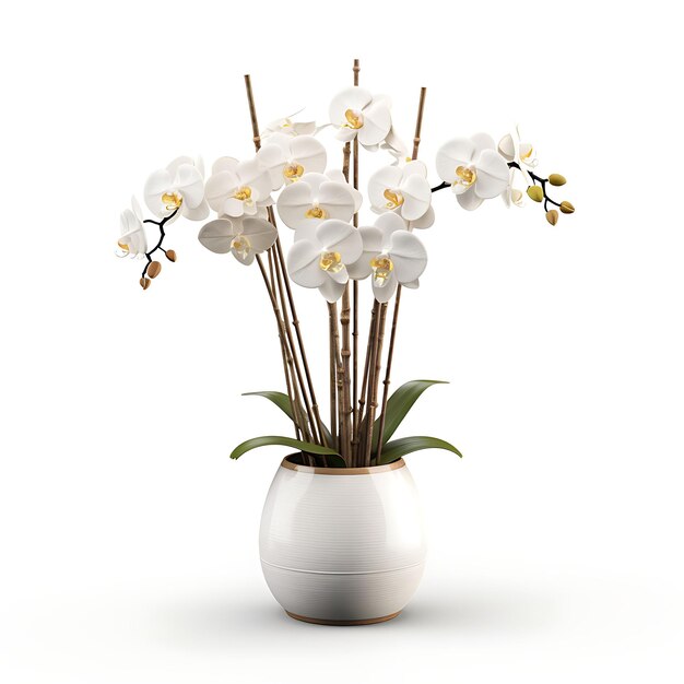 Vista frontale di una pianta in vaso decorativa per l'arredamento di interni su uno sfondo bianco minimalista