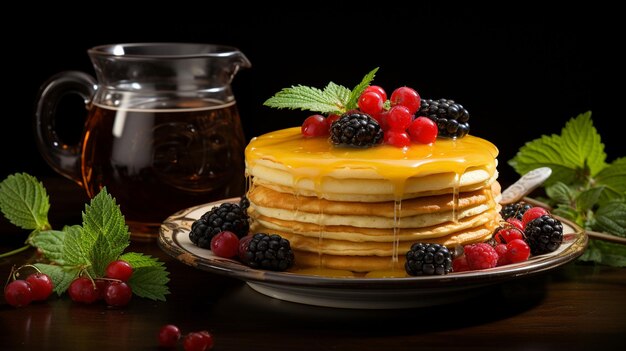 Vista frontale di una tazza di tè con una fetta di limone e pancake con ribes rossi e neri e fragola