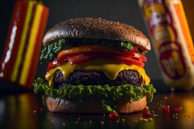 vista frontale gustoso hamburger di carne con formaggio e insalata al buio