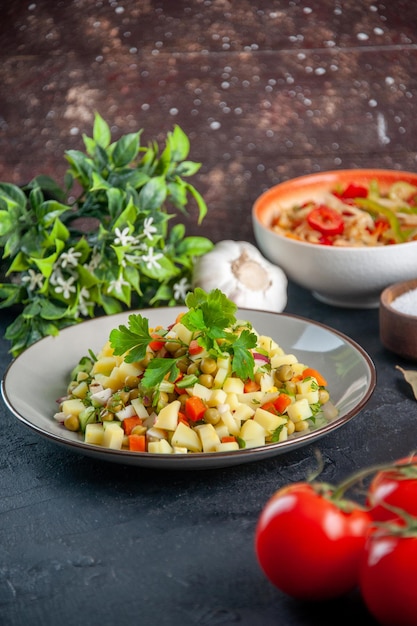 vista frontale insalata di verdure con insalata di peperoni e pomodori sfondo scuro pasto dieta cibo salute pranzo pane cucina orizzontale color